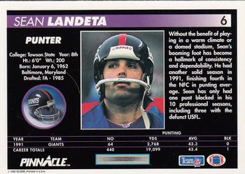 1992 Pinnacle #6 Sean Landeta Back