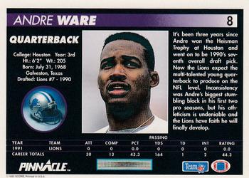 1992 Pinnacle #8 Andre Ware Back