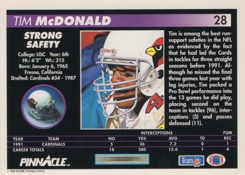 1992 Pinnacle #28 Tim McDonald Back