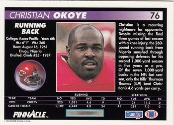 1992 Pinnacle #76 Christian Okoye Back
