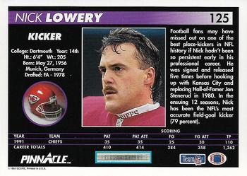 1992 Pinnacle #125 Nick Lowery Back