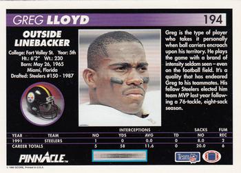 1992 Pinnacle #194 Greg Lloyd Back