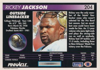 1992 Pinnacle #204 Rickey Jackson Back
