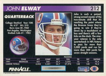 1992 Pinnacle #212 John Elway Back