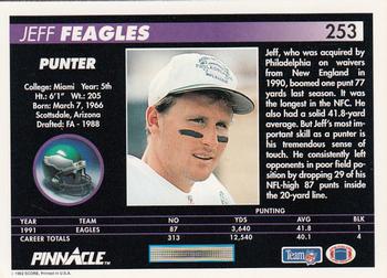 1992 Pinnacle #253 Jeff Feagles Back