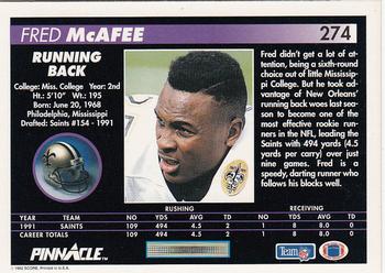 1992 Pinnacle #274 Fred McAfee Back