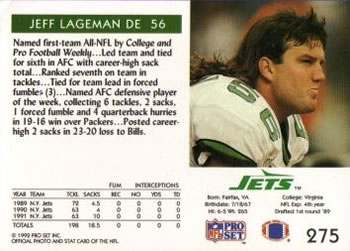 1992 Pro Set #275 Jeff Lageman Back