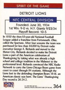 1992 Pro Set #364 Detroit Lions Back