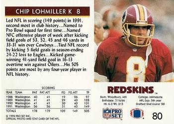 1992 Pro Set #80 Chip Lohmiller Back