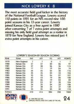 1992 Pro Set #24 Nick Lowery Back