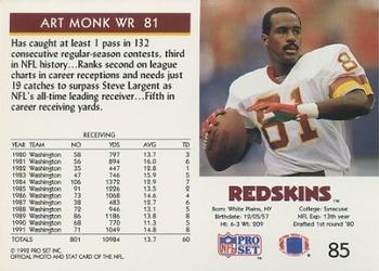 1992 Pro Set #85 Art Monk Back