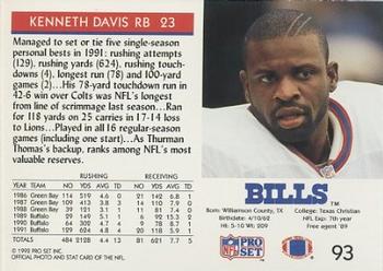 1992 Pro Set #93 Kenneth Davis Back