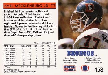 1992 Pro Set #158 Karl Mecklenburg Back