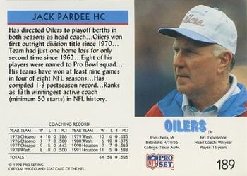 1992 Pro Set #189 Jack Pardee Back