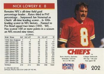 1992 Pro Set #202 Nick Lowery Back