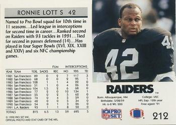 1992 Pro Set #212 Ronnie Lott Back
