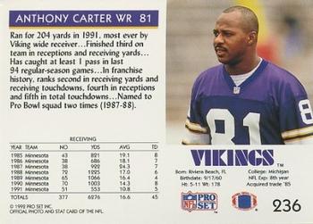 1992 Pro Set #236 Anthony Carter Back