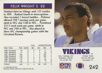 1992 Pro Set #242 Felix Wright Back
