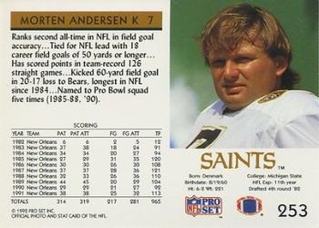 1992 Pro Set #253 Morten Andersen Back