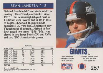 1992 Pro Set #267 Sean Landeta Back