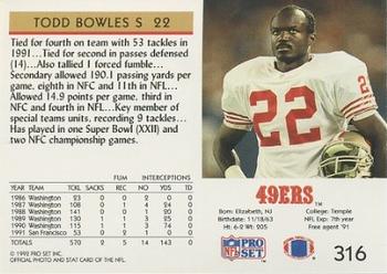 1992 Pro Set #316 Todd Bowles Back