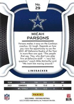 2022 Panini Certified #29 Micah Parsons Back