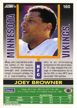 1992 Score #160 Joey Browner Back