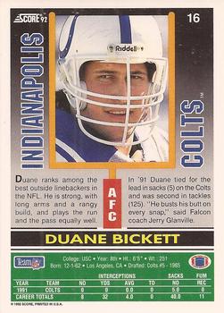 1992 Score #16 Duane Bickett Back