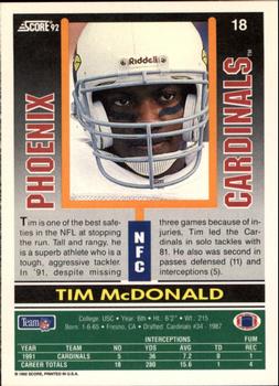 1992 Score #18 Tim McDonald Back