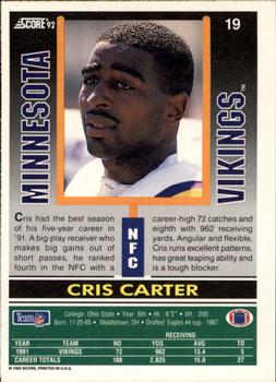 1992 Score #19 Cris Carter Back