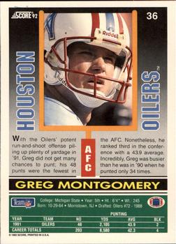 1992 Score #36 Greg Montgomery Back