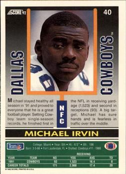 1992 Score #40 Michael Irvin Back