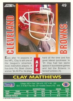 1992 Score #49 Clay Matthews Back