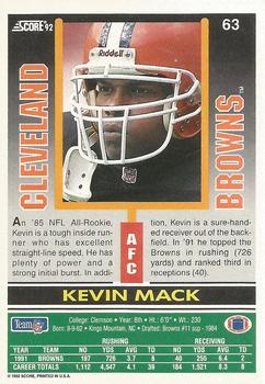 1992 Score #63 Kevin Mack Back