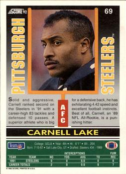 1992 Score #69 Carnell Lake Back
