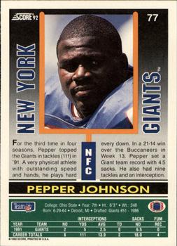 1992 Score #77 Pepper Johnson Back