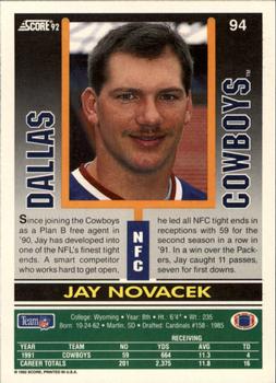 1992 Score #94 Jay Novacek Back