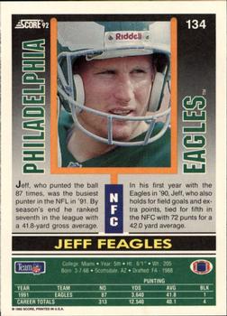 1992 Score #134 Jeff Feagles Back