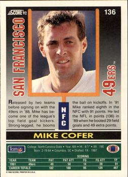 1992 Score #136 Mike Cofer Back