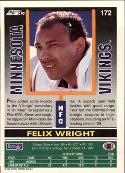 1992 Score #172 Felix Wright Back