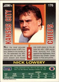 1992 Score #176 Nick Lowery Back