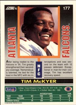 1992 Score #177 Tim McKyer Back