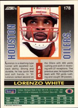 1992 Score #178 Lorenzo White Back