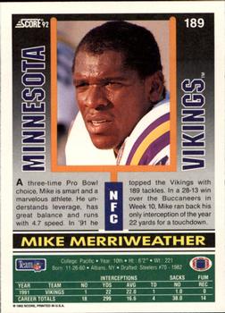 1992 Score #189 Mike Merriweather Back