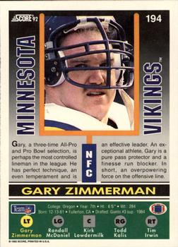 1992 Score #194 Gary Zimmerman Back