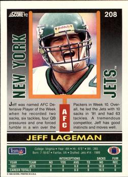 1992 Score #208 Jeff Lageman Back