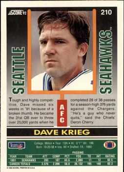 1992 Score #210 Dave Krieg Back
