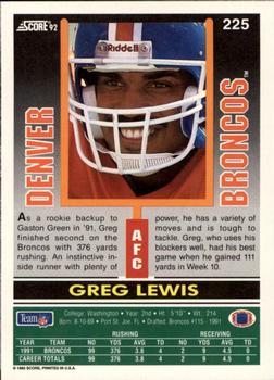 1992 Score #225 Greg Lewis Back