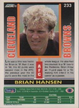 1992 Score #233 Brian Hansen Back