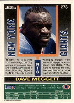 1992 Score #273 Dave Meggett Back